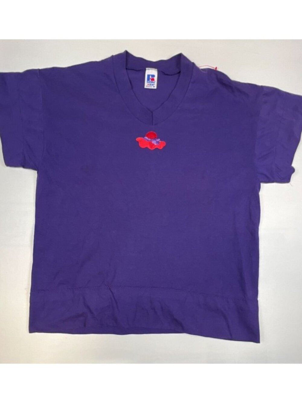 Vintage 90s Russell Athletic NuBlend Red Hat Society Purple V-Neck Shirt Women's